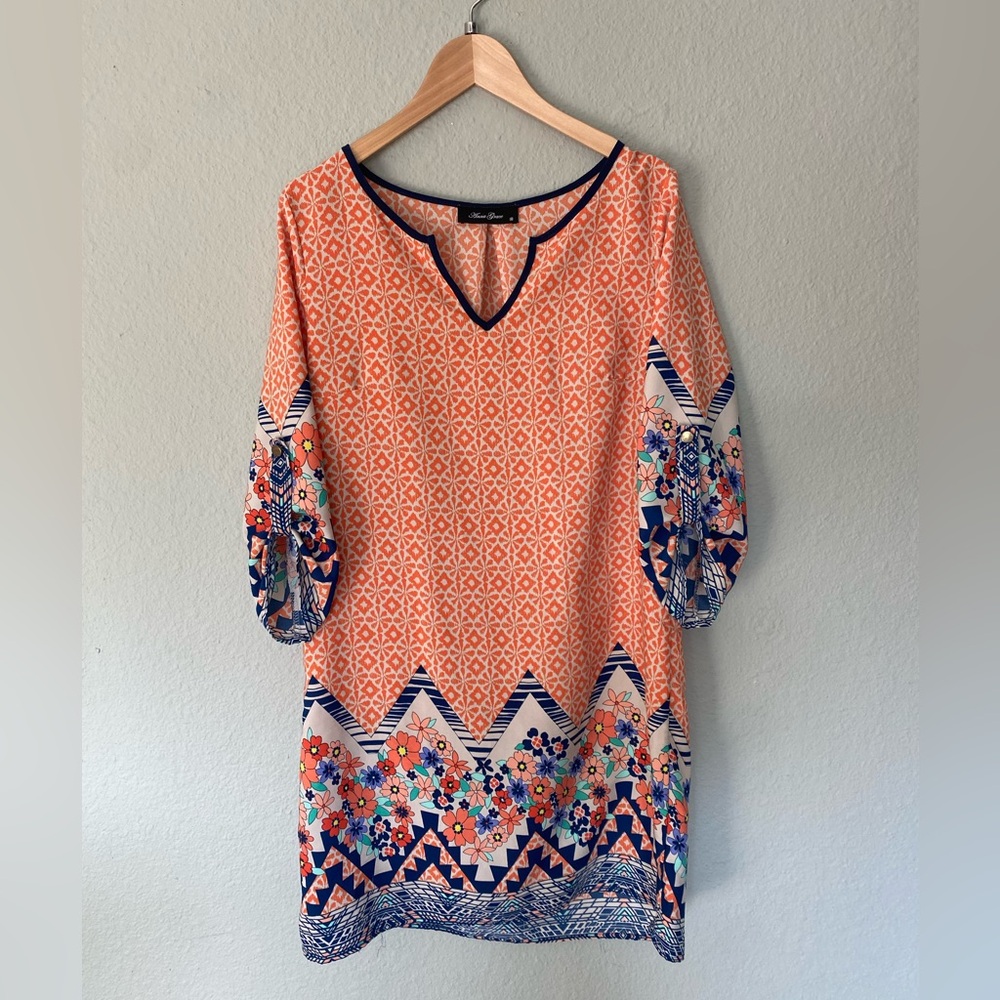Anna Grace Orange and Blue Patterned Top
